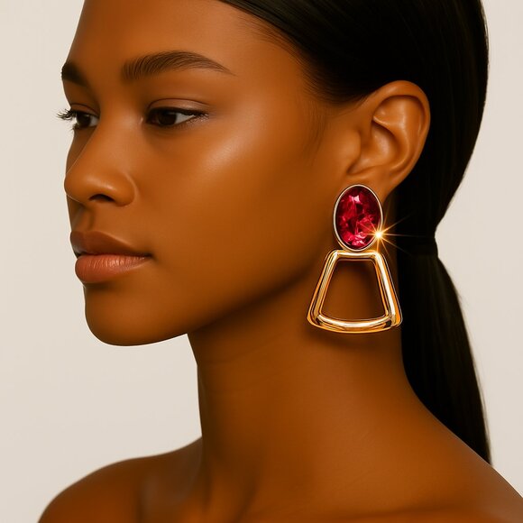 Charming Charlie Gold-Tone Drop Earrings w/ Pink Oval Stone, Elegant Post Dangle - Picture 1 of 9